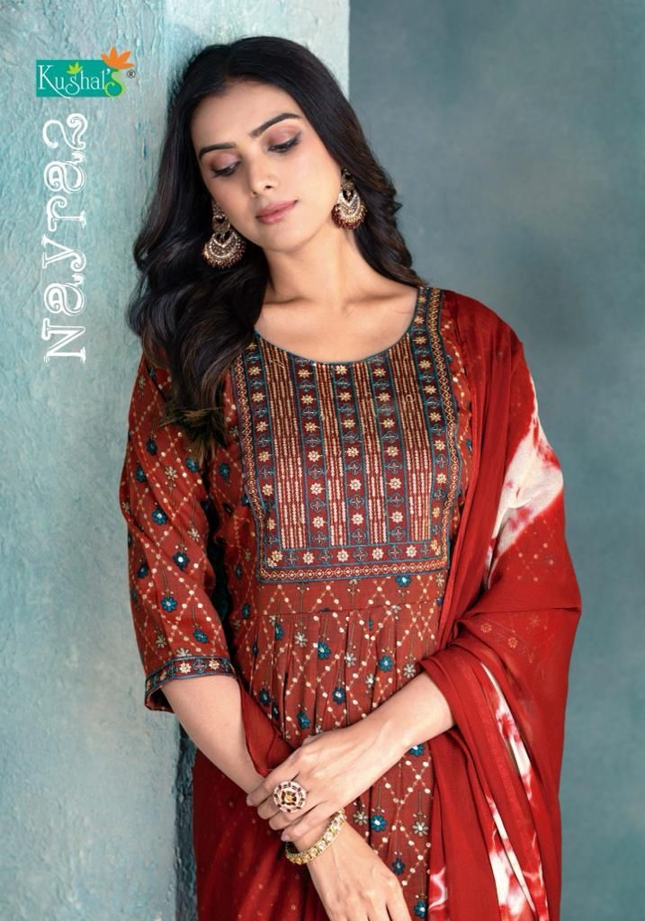 Nayra 2 By Kushals Rayon Printed Naira Cut Kurti With Bottom Dupatta

